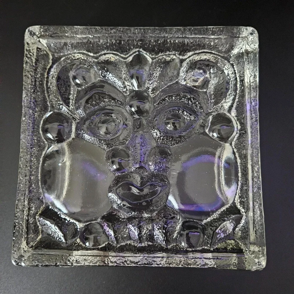VTG Skruf Sweden Viking Face Heavy Block Square Crystal Dish '70s Lars Hellsten